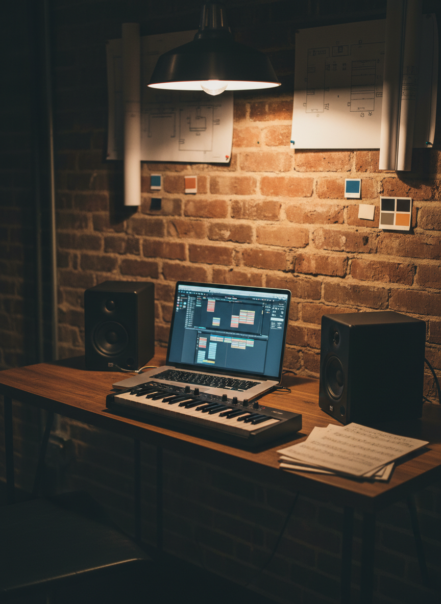 A serene, photographic scene of a minimalist composing corner inside a theater’s backstage area. A slim, dark wood desk holds a laptop with a large, abstract arrangement window on screen, a compact 61-key MIDI keyboard, and a pair of matte black studio monitors angled inward. Next to the keyboard lies a small stack of handwritten cue sheets with visible musical notation but no legible text. The rough brick wall behind is covered with pinned lighting plots and color swatches, softly blurred. Overhead, a single industrial pendant lamp casts warm, focused light on the desk, leaving the edges in gentle shadow. Shot from a three-quarter angle at eye level, the composition feels balanced and orderly. The mood is thoughtful and sophisticated, evoking a composer shaping soundscapes that respond to the evolving needs of the stage.