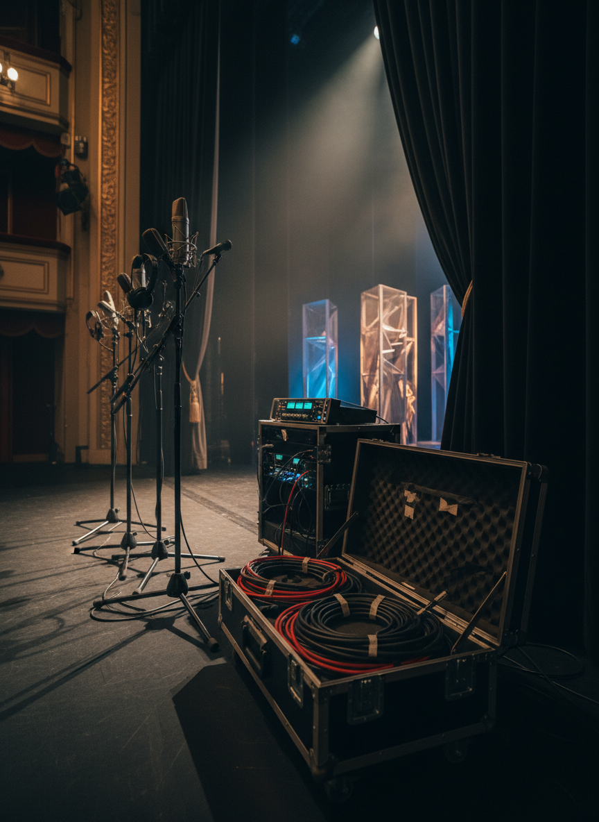 A rich, atmospheric photograph of the side wings of a traditional theater during a technical rehearsal for a new soundtrack. In the foreground, several microphone stands, an open flight case filled with neatly coiled cables, and a sturdy audio interface atop a rolling rack hint at complex sound design. Beyond, the stage is partially visible through heavy, black velvet curtains, with abstract set pieces and soft, colored wash lighting in amber and deep blue. A faint haze in the air catches the beams of light, creating visible shafts that lead the eye to the stage. The primary illumination comes from side stage work lights and dimmed overhead fixtures, creating a layered chiaroscuro effect. Captured from a low, diagonal angle with moderate depth of field, the scene feels immersive, tense, and alive with unseen collaborative energy.