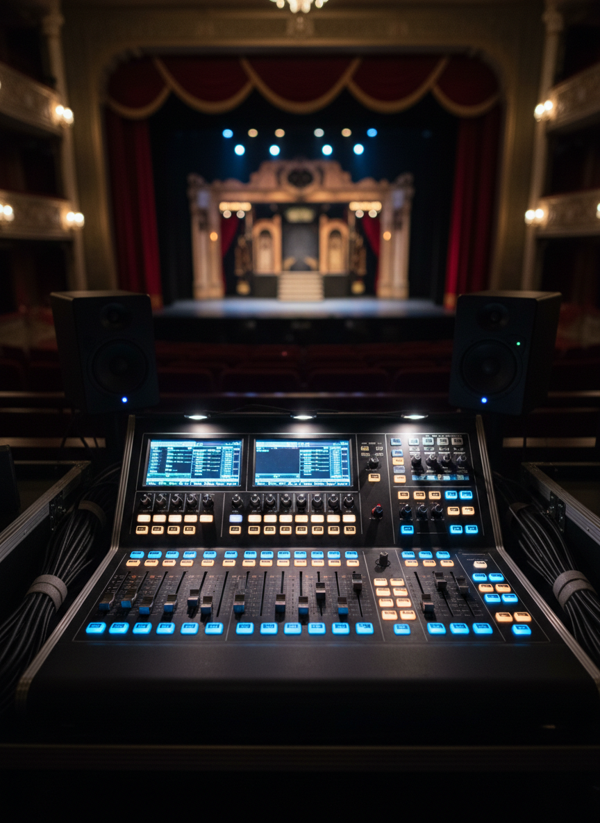 A dramatic photographic close-up of an illuminated theater sound desk positioned at the rear of a dark auditorium, tailored for live playback of an original stage soundtrack. The control surface bristles with small screens, color-coded faders, and glowing buttons, framed by coiled, neatly organized cables and a pair of compact studio monitor speakers. Beyond the console, out of focus, faint stage lights reveal the suggestion of a set and hanging curtains at the far end of the hall. Cool blue and soft amber LEDs from the desk are the primary light source, casting intricate reflections on the metallic edges. Shot from a slightly elevated angle with selective focus on the central faders, the atmosphere is tense yet refined, capturing the technical heart that shapes every emotional beat of the performance.