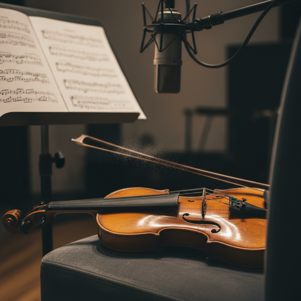 An evocative, photographic macro shot of a well-used string section setup prepared specifically for a theatrical score recording. The image focuses on the rich, honey-toned wood of a violin resting on a dark, padded chair, its varnish showing subtle wear and fine scratches. Nearby, a soft, rosin-dusted bow lies across a black music stand filled with complex notation, intentionally too blurred to read. In the background, a large-diaphragm condenser microphone hovers, slightly out of focus, suspended from a boom arm. Warm, directional studio lighting from the side skims across the curves of the instrument, bringing out deep shadows in the f-holes and bridge. Shot with very shallow depth of field, the composition feels intimate and reverent, emphasizing the tactile, emotional connection between acoustic instruments and theatrical storytelling.