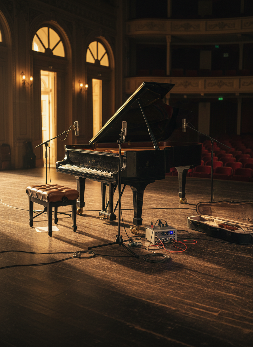 A grand theater stage captured in photographic realism, featuring a rich, dark wooden floor scattered with cables and a few open instrument cases. At center, a sleek black grand piano with its lid raised reveals gleaming strings and hammers, and a worn leather piano bench pulled slightly back as if just vacated. Around it, tall microphone stands and a portable recording interface glow with tiny LED lights. Soft golden hour light filters in from high side doors, mingling with dimmed stage spotlights and casting long, dramatic shadows. Shot from a low, slightly off-center angle, with shallow depth of field that blurs the empty velvet seats beyond, the mood is intimate, sophisticated, and full of expectant silence, as though a new soundtrack is about to be born.