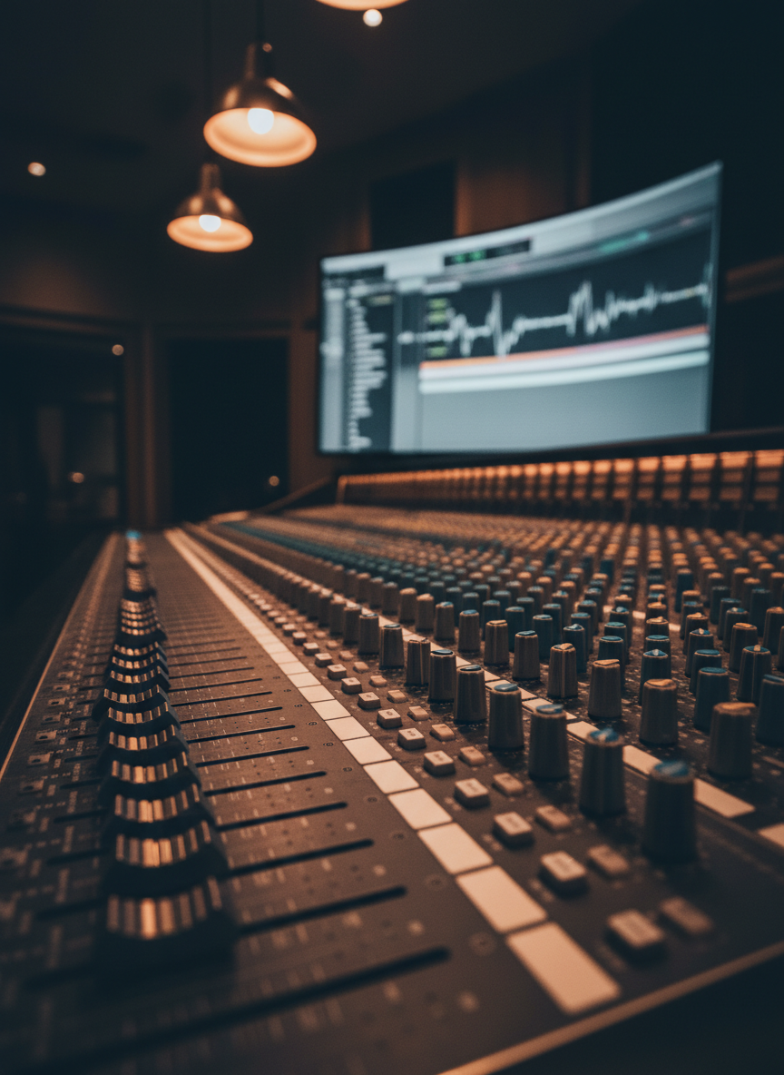 A close-up, cinematic photograph of an elegant mixing console in a professional recording studio dedicated to theater soundtracks. Dozens of backlit faders and knobs glow in soft blues and ambers, their brushed metal surfaces catching subtle highlights. A large, curved screen in the background shows an abstract waveform and timeline, slightly out of focus, suggesting complex audio editing without readable text. Warm, focused overhead lighting creates a cozy, contemplative atmosphere, leaving the rest of the room in gentle shadow. The composition uses a shallow depth of field from a low, diagonal angle following the line of faders, inviting the eye to travel along the surface. The mood is meticulous and sophisticated, evoking the precision and emotional depth required to sculpt music that breathes life into a theatrical narrative.