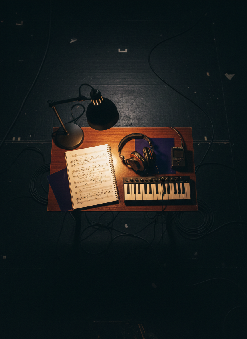 A moody, photographic overhead view of a polished wooden rehearsal table in a dim theater backstage. Spread across the surface are a spiral-bound musical score with dense notation, a pair of closed, over-ear studio headphones with soft leather cups, a compact MIDI keyboard controller, and a small portable audio recorder. A stage lighting gel in deep indigo rests nearby, adding a hint of theatrical color. A single, warm desk lamp pools golden light over the score, leaving the surrounding black stage floor and coiled cables to dissolve into darkness. Shot from a straight-down bird’s eye perspective with crisp focus, the composition feels deliberate and organized. The atmosphere is quiet, intellectual, and introspective, capturing the private, creative space where a theater soundtrack begins to take shape before reaching the stage.