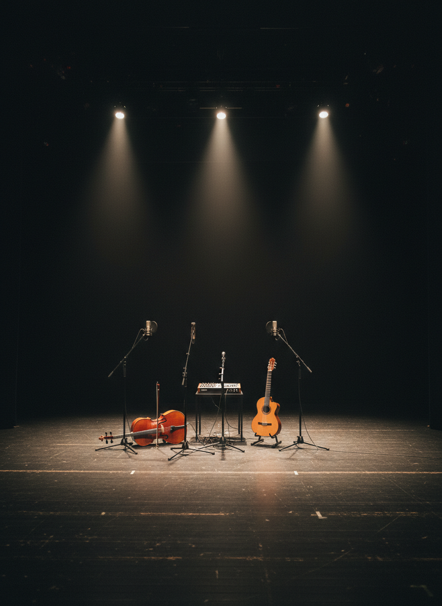 A wide, photographic shot of an empty, contemporary black box theater transformed into a recording space for a theatrical soundtrack. At center stage sits a cluster of musical instruments: a dark mahogany cello resting on its side, a classical guitar on a simple metal stand, a small analog synthesizer on a minimalist table, and several slender microphone stands poised around them. The matte black walls disappear into shadow, while a few focused stage spotlights create pools of soft white light that carve out the instruments with gentle rim lighting. The floor shows subtle scuffs and tape marks, hinting at past performances. Captured from the back of the space at eye level with moderate depth of field, the mood is contemplative and cinematic, emphasizing collaboration between acoustic and electronic sound in service of theater.